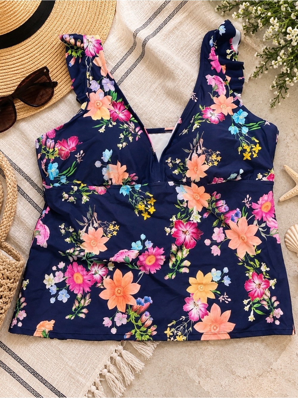 Freshwater Navy Tropical Floral Tankini Swim Top Women's 2X Plus Size
